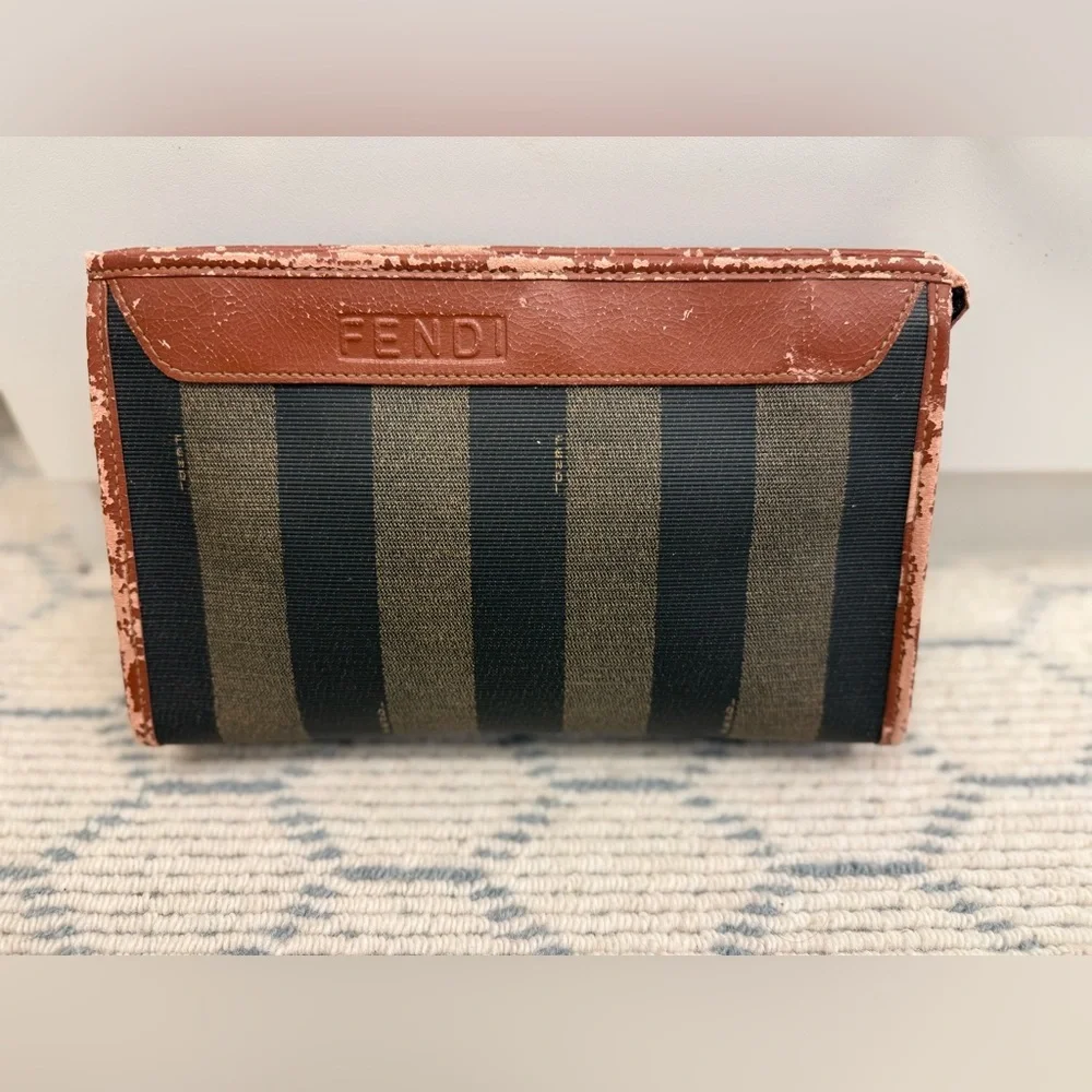 FENDI Vintage Classic Brown Canvas Leather Pequin Striped Logo Clutch Pouch - Picture 2 of 16